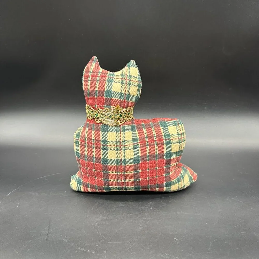 Vintage Cat Shaped Throw Pillow Red Green Plaid Stuffed Animal Kitty Kitten